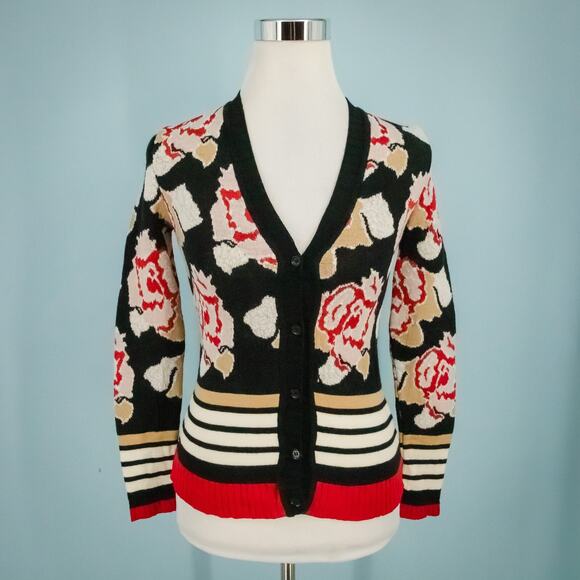 Black Sweaters - Missoni Size 2 Black Red Floral Stripe Print V Neck Button Front Down Long Sleev